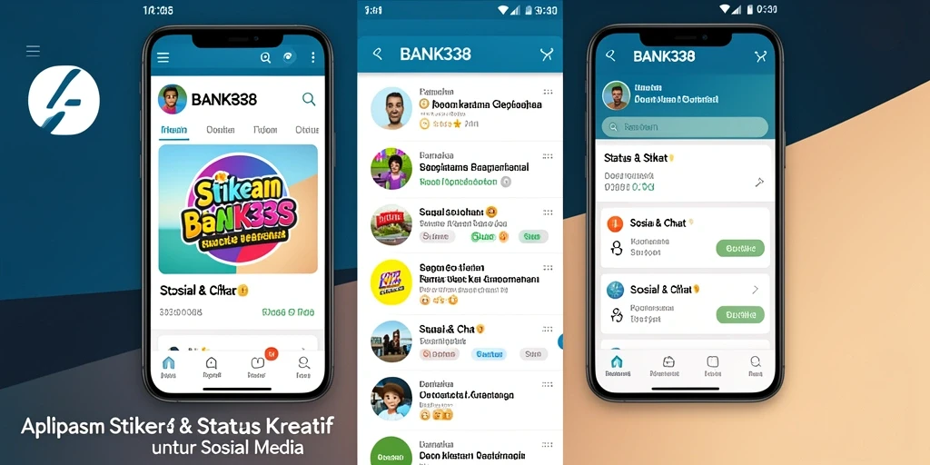 Antarmuka aplikasi BANK338 yang menampilkan berbagai stiker dan status.
